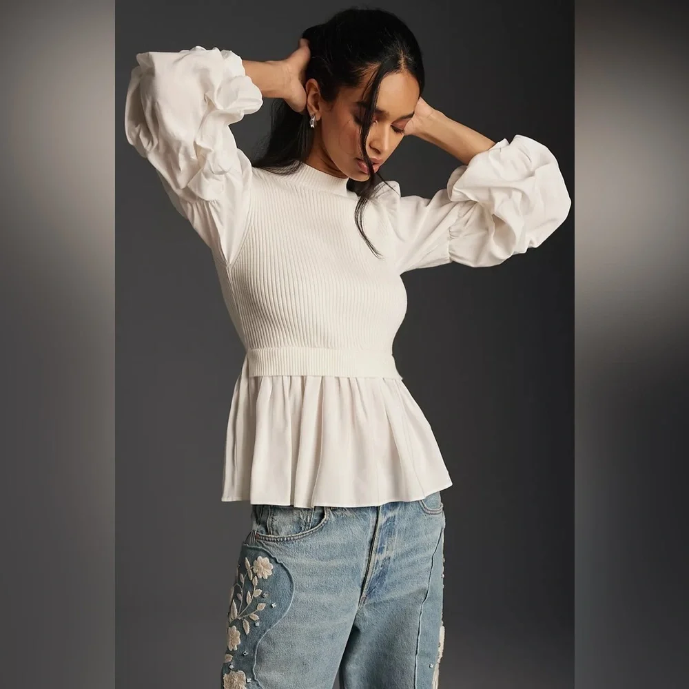 English Factory Puff-Sleeve Twofer Sweater Top Mix Media Dramatic Top Pepplum